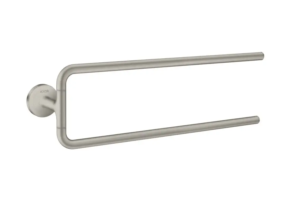 Zweiarmaiger Handtuchhalter in Edelstahl-Optik von AXOR, an der Wand montiert. Das Design ist funktional und minimalistisch.